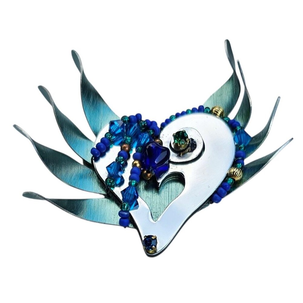 Liztech Blue Metal Crystal Heart Brooch Mirrored Rhinestone Pin, Signed